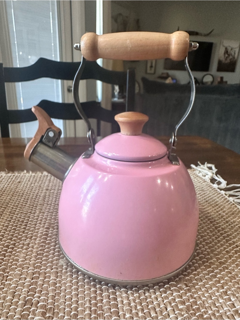 Pink Enamel Whistling Tea Kettle with Wooden Handle